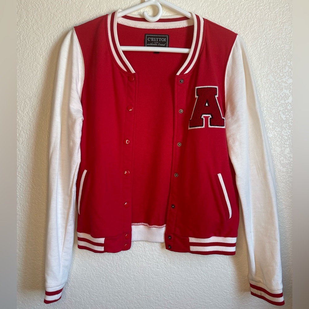 C’esttoi jersey letter jacket red and cream snap button pockets